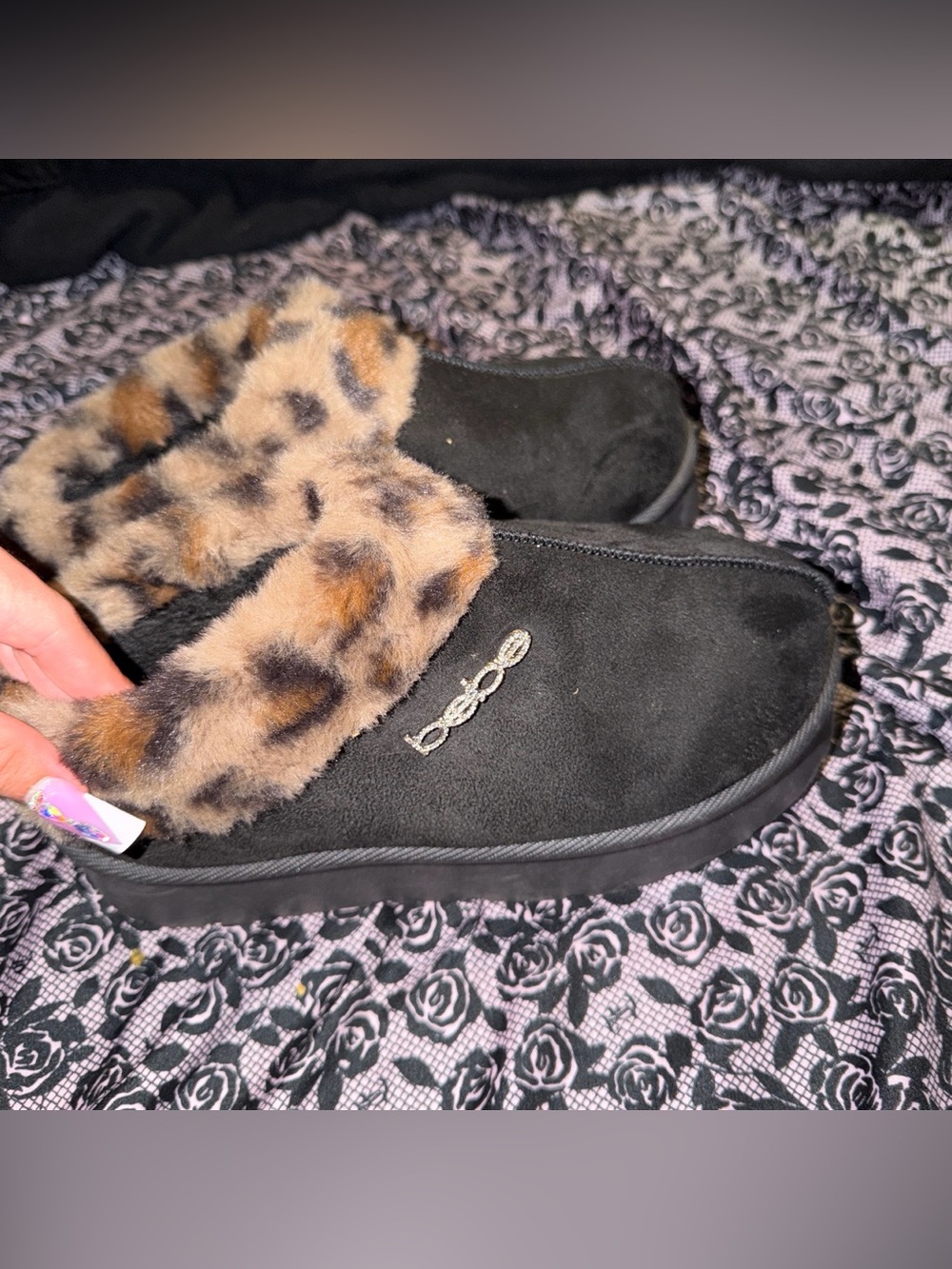 bebe Black Slip-On Faux Suede Slipper with Leopard Fur Cuff